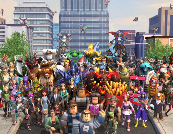 A group of Roblox avatars stand together in a virtual cityscape